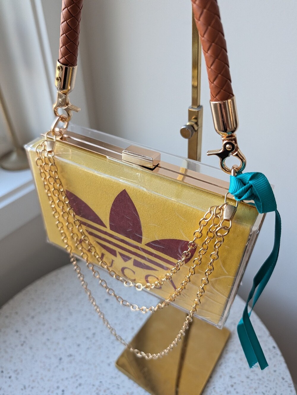 Upcycled Gucci X Adidas Yellow Box Clutch with Burgundy Logo and Teal Ribbon - Picture 8 of 10